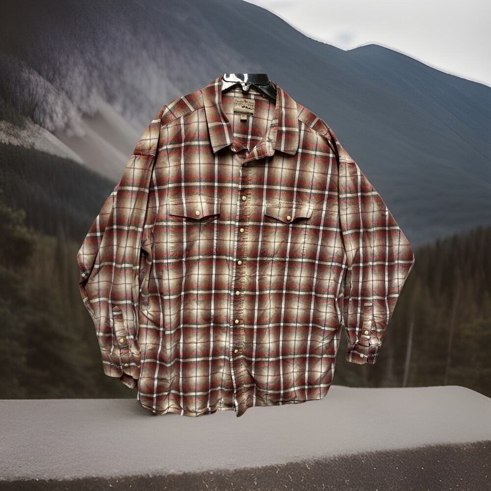 Powder River Outfitters Mens XXL Brown Red Heavy Cotton Shirt Pearl Snap Up